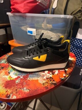 Men's FENDI Black Leather Sneakers with Yellow Accent - Designer Style